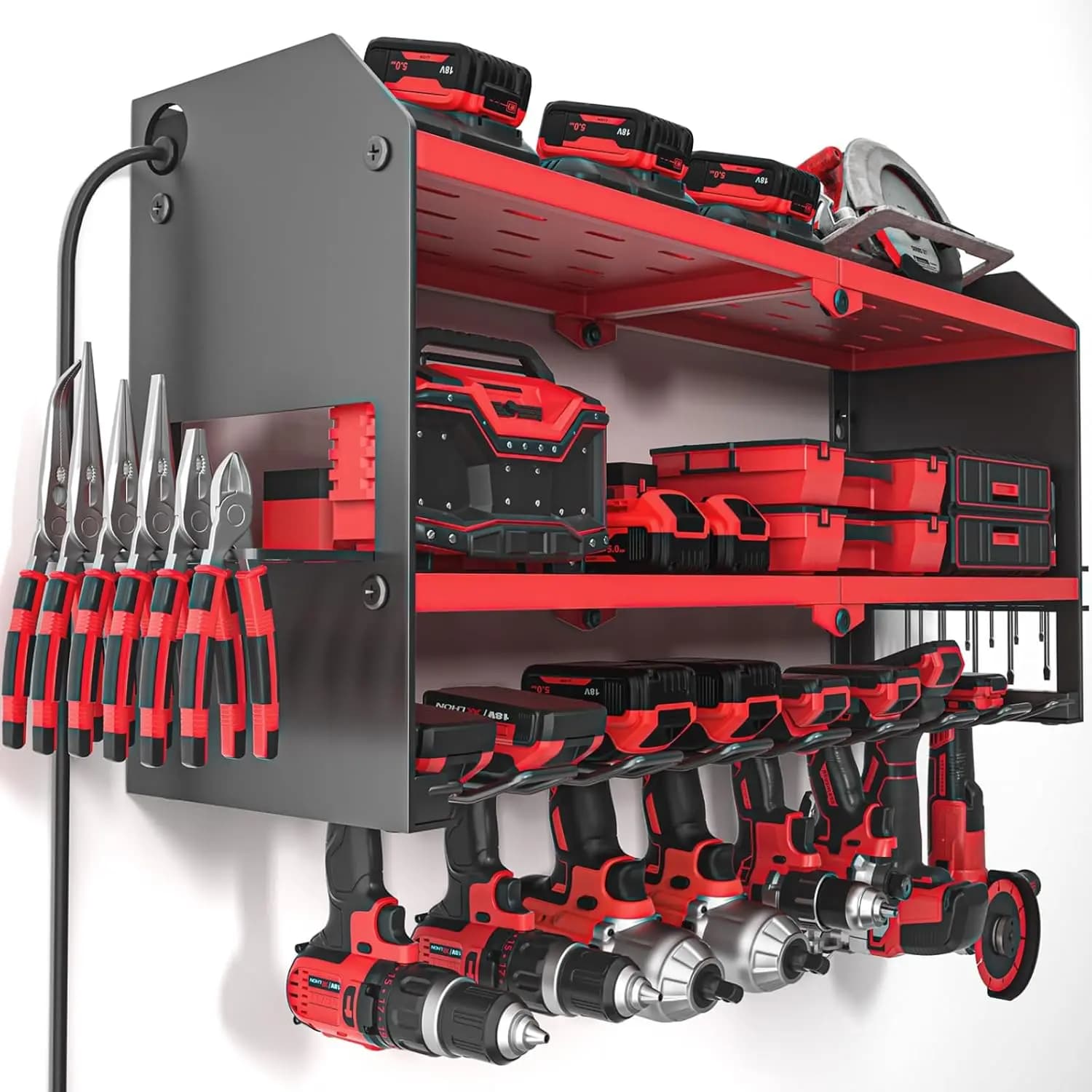 Organizer from Wall for Electric Tools with Refill and Overvoltage Protection Station, Red shelf for Garage