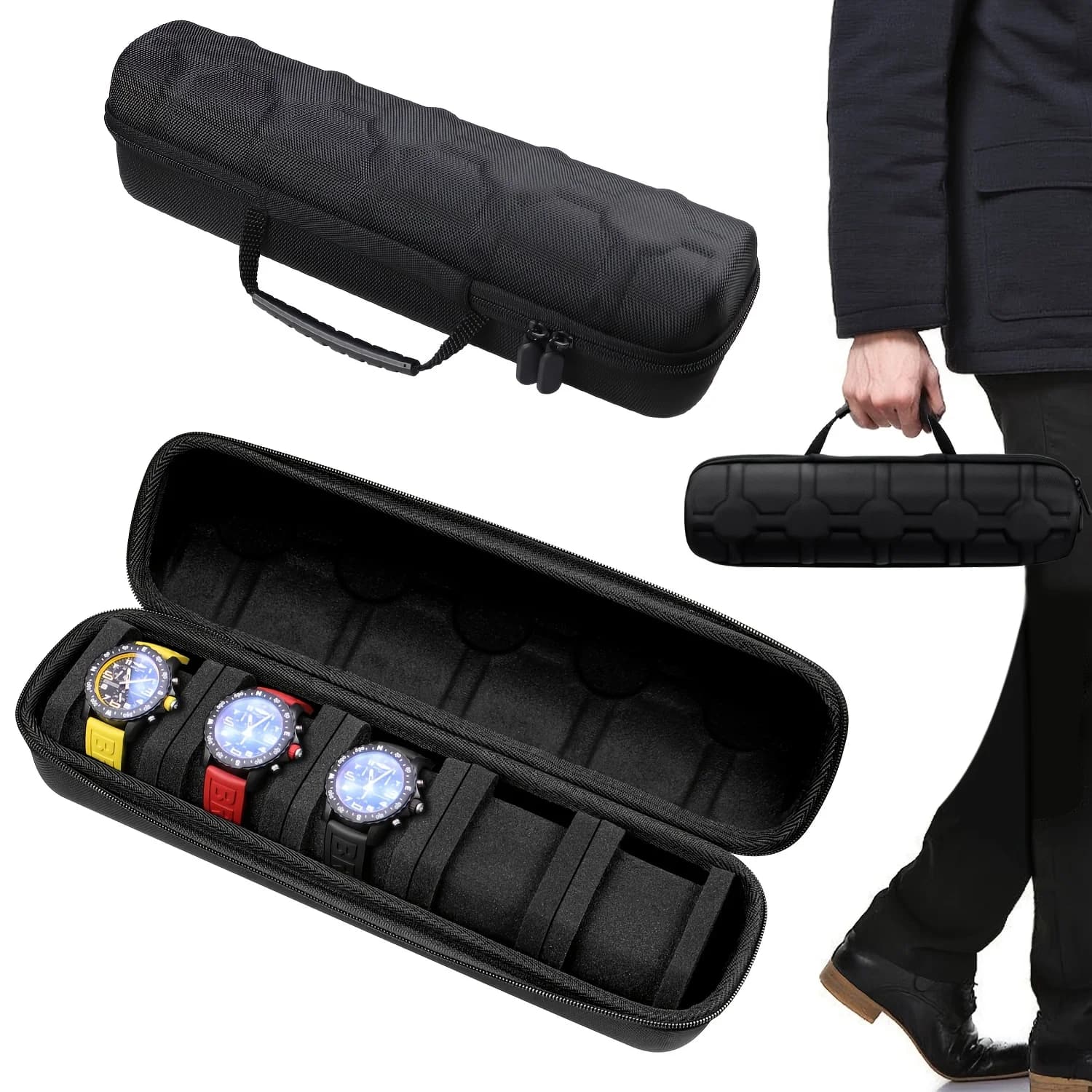 5-Grid Hard Shell Watch Organizer - Portable Travel Case with Pillow Liner, Gift-ready Black Storage Box for Smart Watch