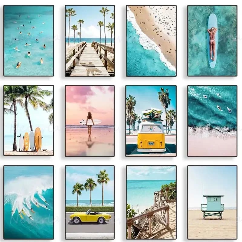 Tropical Summer Beach Sea Ocean Surfing Palm Tree Wall Art Posters Minimalist Canvas Painting for Living Room Modern Home Dec