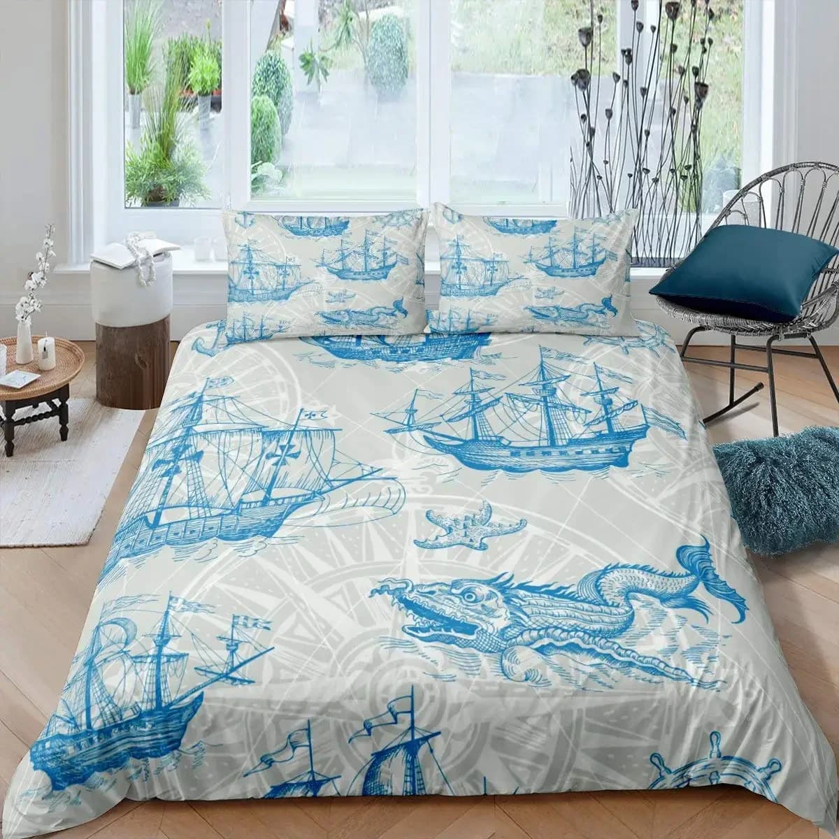 Nautical King Queen Duvet Cover Dragon Retro Blue Sailboat Rudder Bedding Set Sea Sailboat Comforter Cover Polyester Quilt Cover