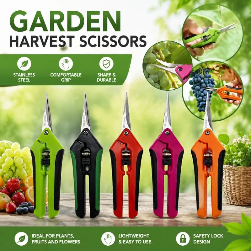 Stainless Steel Garden Potting Scissors, Fruit Harvests with Straight Blade and Curve, Hand Tools for Cutting and Potting Grapes