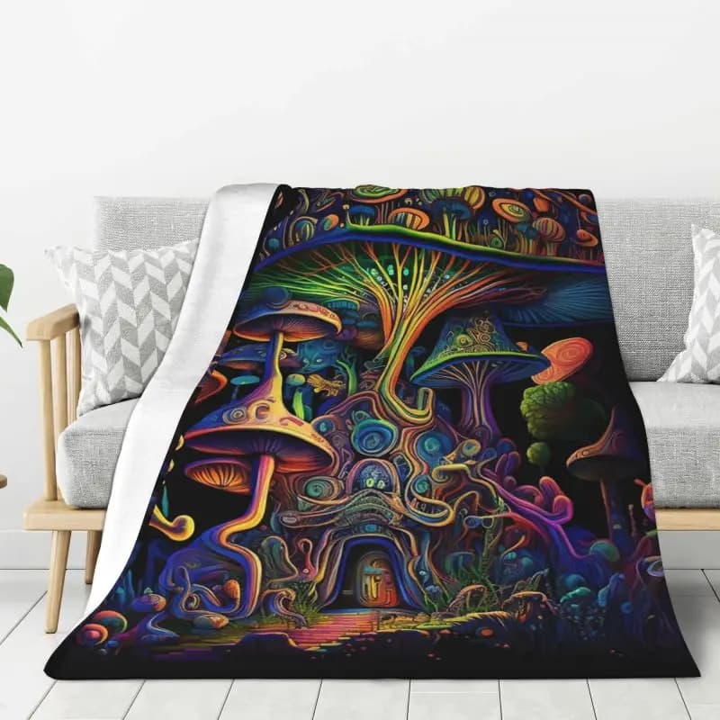 Coperta Personalizzata con Motivi Psichedelici, Elfi e Funghi, Morbida in Pile e Flanella, Stile Trippy Goth per Letto, Divano e Viaggi in Autunno