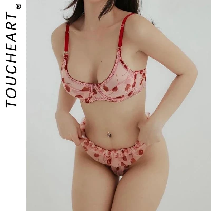 Set reggiseno con stampa sexy Toucheart per donna Set di biancheria intima micro prospettiva in pizzo allettante a tre punti con patchwork in rete