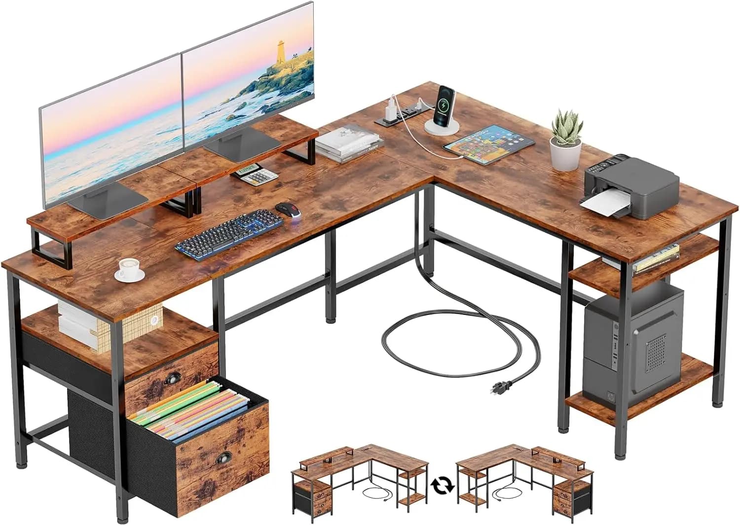 Scrivania in Legno a Forma di L in Stile Rustico Marrone per Ufficio Domestico, con Presa di Corrente, Cassetto Portadocumenti e 2 Supporti per Monitor