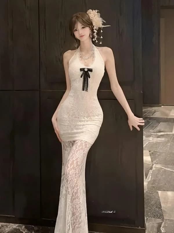 Elegant Gentle Neckline Backless Slim Fit Lace Tailored Skirt Dress Women Spring Summer New Sexy Pure Desire Waist Cinched Dress