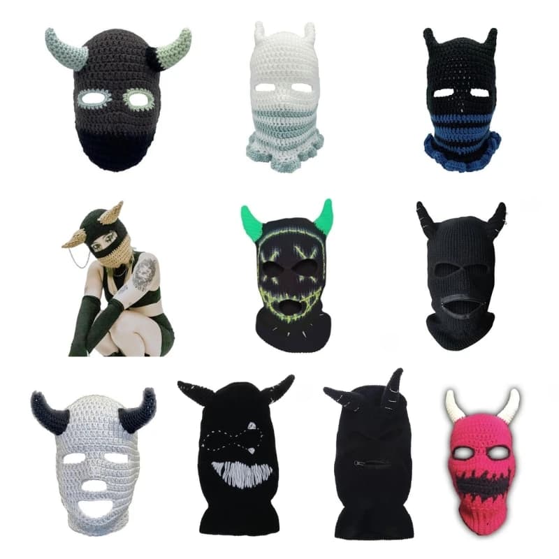 Halloween Devil Horn Balaclava Novelty Knitting Beanie Womens Men Mask Hat Dropshipping