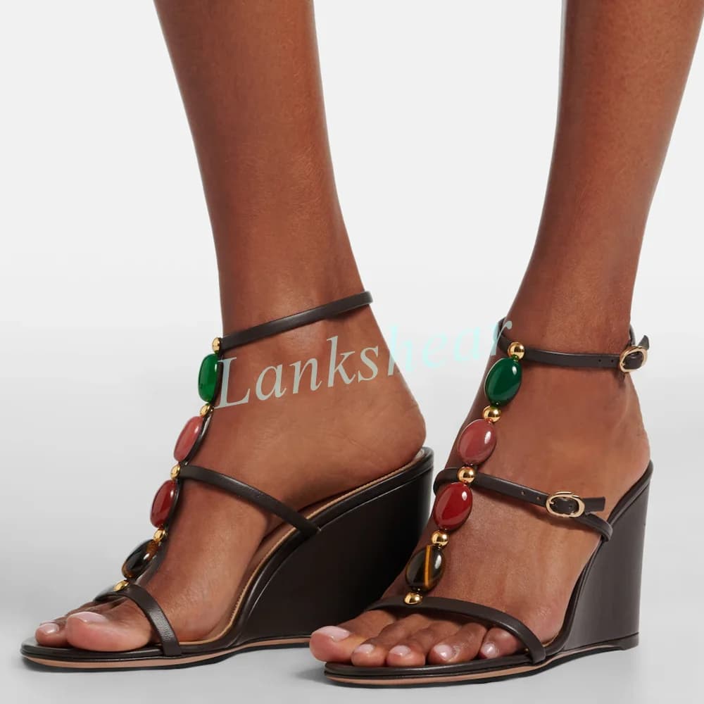 Multi-Color Stone Embellished Wedge Sandals for Women Ankle Buckle Strap Open Round Toe Elegant Footwear for Summer Vacation New