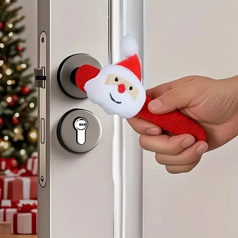 Set di 4 Decorazioni Festive per Maniglie delle Porte a Tema Babbo Natale con Viso Soffice Bianco e Cappello Rosso - Coprimaniglie Natalizi in Tessuto Morbido