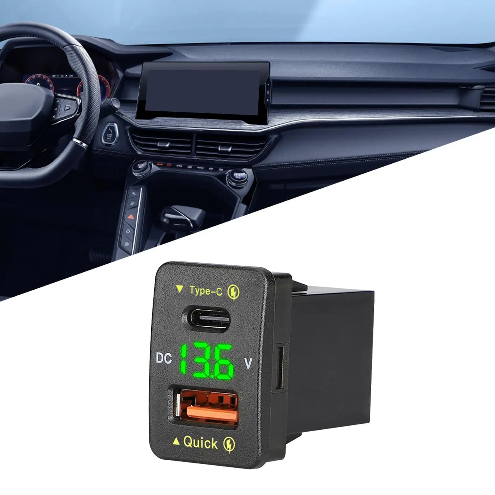 Car Phone Charger Adapter Dual Port PD QC3.0 Fast Charge LED Voltage Display for Mobile Devices