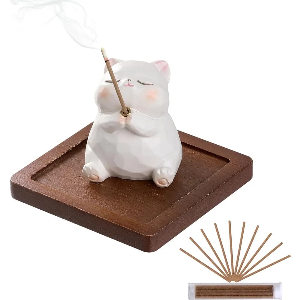 porta incenso per bastoncini con bruciatore e raccoglitore di cenere - gatto in resina, vassoio di legno, 10 bastoncini di incenso per meditazione yoga spa, carino h