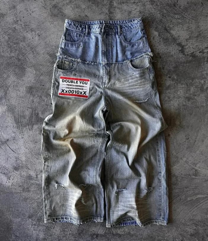 Street hip hop letter-print jeans Men y2k Goth punk Harajuku ripped wide leg pants Retro loose leg double waisted pants w874