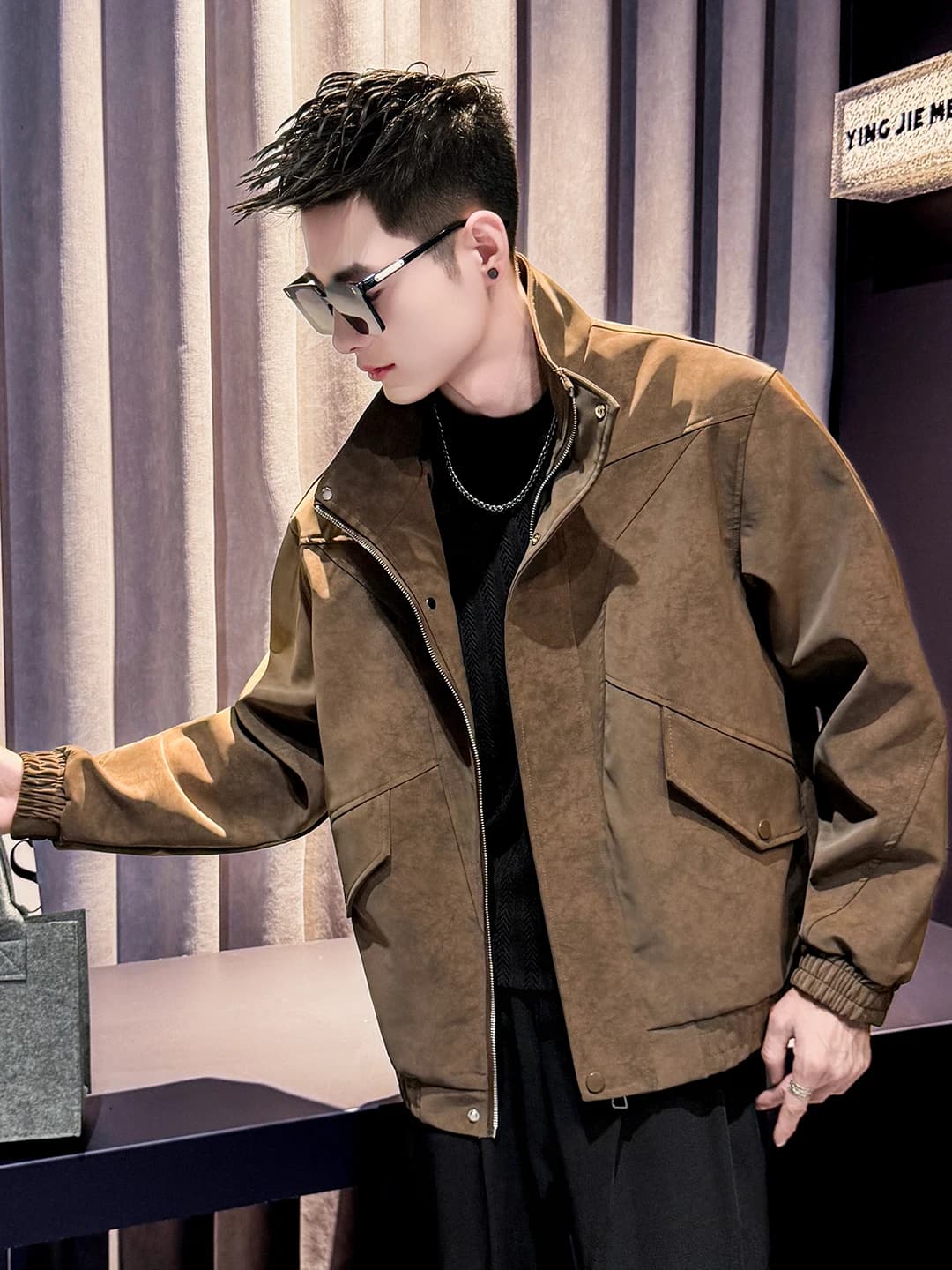 Giacca in Pelle Marrone Invecchiata da Uomo Stile Vintage Workwear Primavera Autunno con Chiusura a Cerniera Manica Lunga Calda
