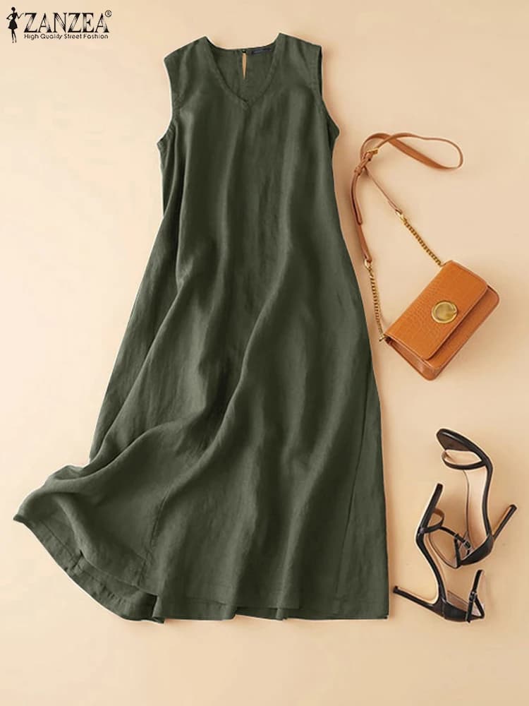 ZANZEA Plus Size Sleeveless Dresses 2025 Summer Women's Casual V Neckline Solid Color Summer Dress Large Dresses Vintage Femme Dresses