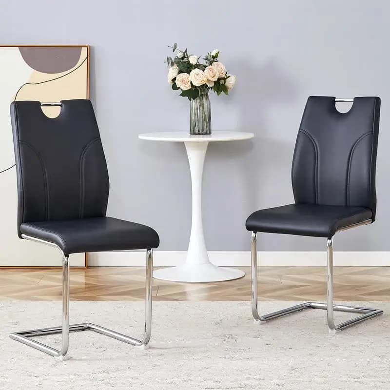 Set di 2 sedie da pranzo in PU nero, design unico con gambe in metallo argentato, ideali per uffici, ristoranti, cucine e conferenze