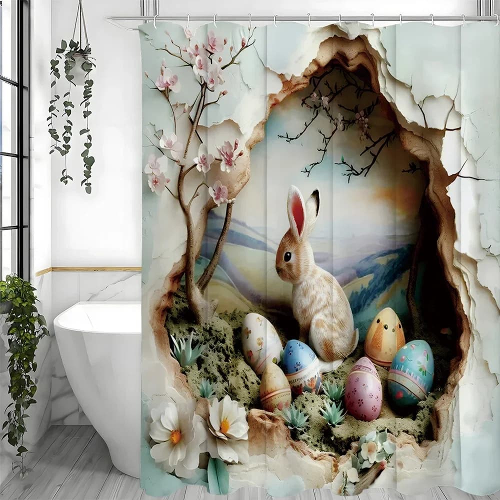 Tenda da doccia con coniglietto carino pasquale, tenda da doccia decorativa per bagno con uova floreali carine, tenda da doccia impermeabile con Hoo