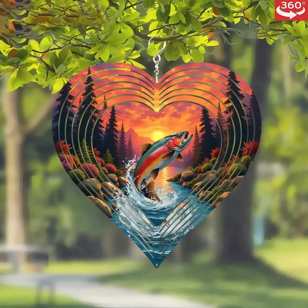 1Pc, 3D metal wind spinner, hanging heart-shaped wind chimes, paintings of leaping rainbow trout beautiful sunset background,