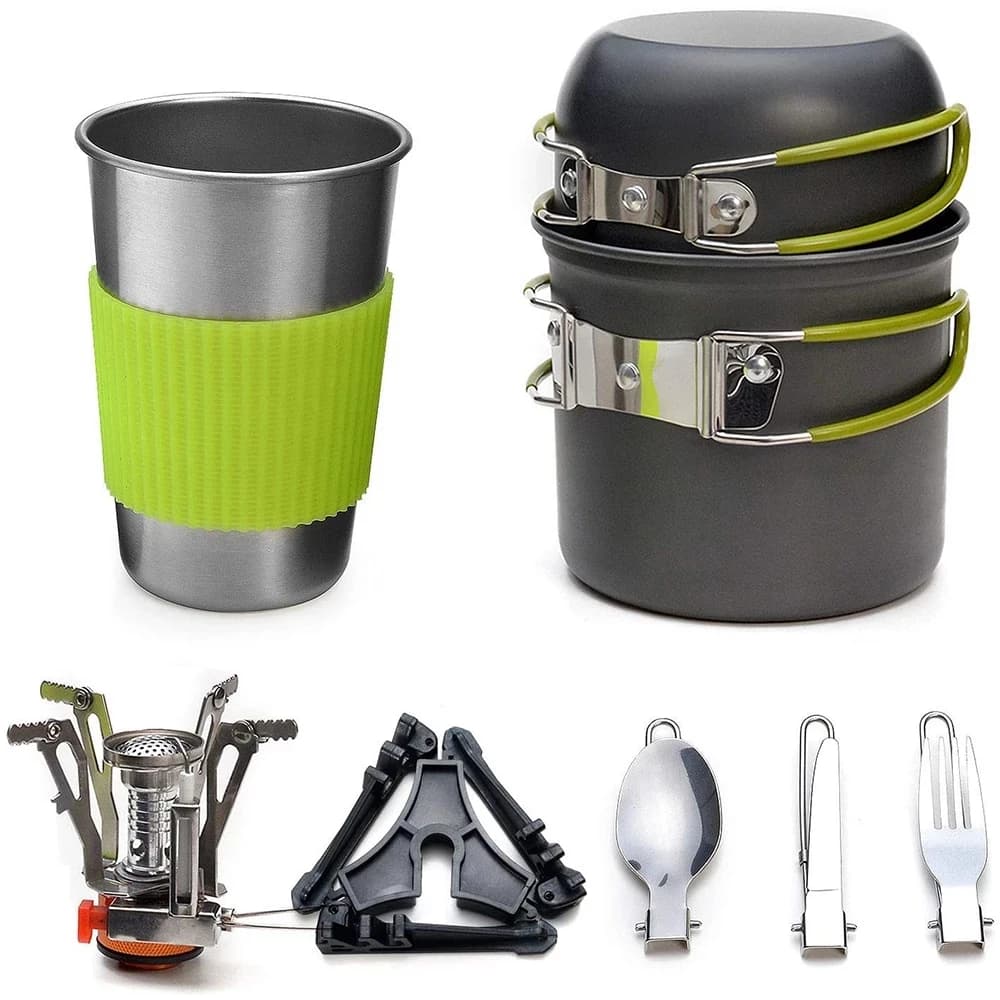 Kit of camping pots with stove Set of outdoor kitchen Pots Outdoor tableware Kitchen chairs Picnic BBQ