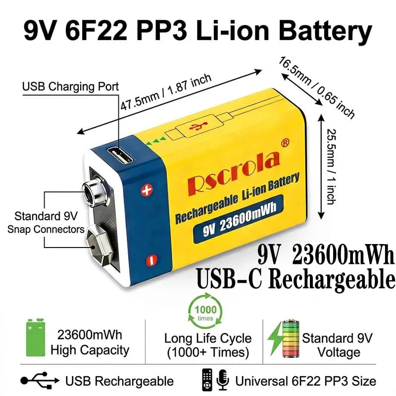 Batteria agli ioni di litio ricaricabile USB-C da 23600mWh 9V, 9V costante per Pedal, Rilevatore di fumo, Multimetro, Walkie Talkie con cavo