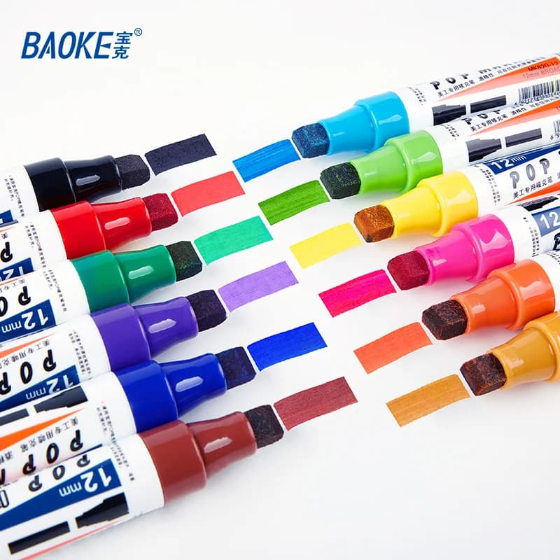 BAOKE POP-12mm Pennarello indelebile 12 colori con punta a scalpello per supermercati, ceramica, vetro, legno, pittura su roccia