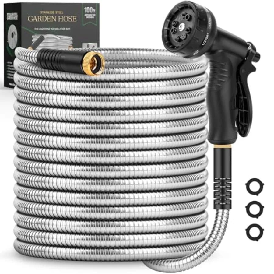 Tubo da Giardino 30 Metri in Acciaio Inossidabile con 10 Ugelli Multifunzione, Senza Pieghe, Flessibile, Leggero e Antiforatura