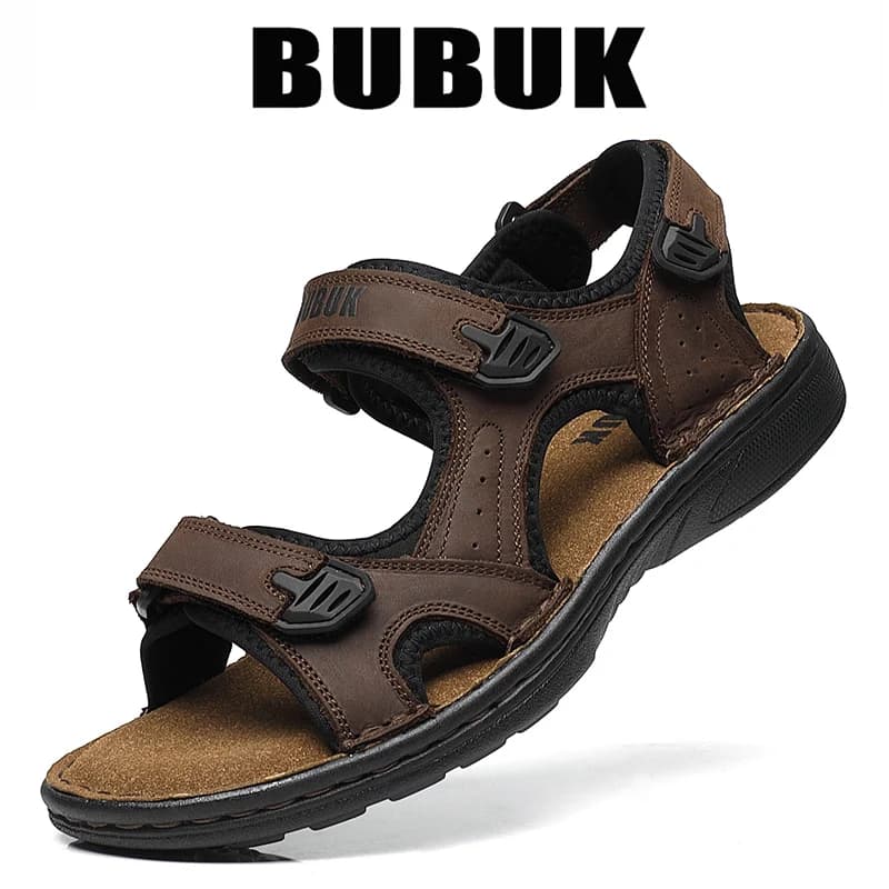 Sandali sportivi da uomo in vera pelle Bubuk, sandali da spiaggia per esterni, cinturini regolabili in velcro, facili da indossare e da togliere, adatti per escursioni, spiaggia, trekking, scarpe da uomo casual alla moda