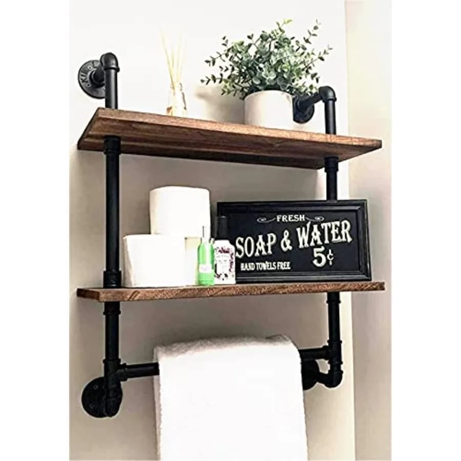 Industrial Pipe Bathroom ShelfRustic Wood Wall Mount Shelf with Towel Bar 24" Black Matte Towel Racks 2 Tiered Metal Floating S