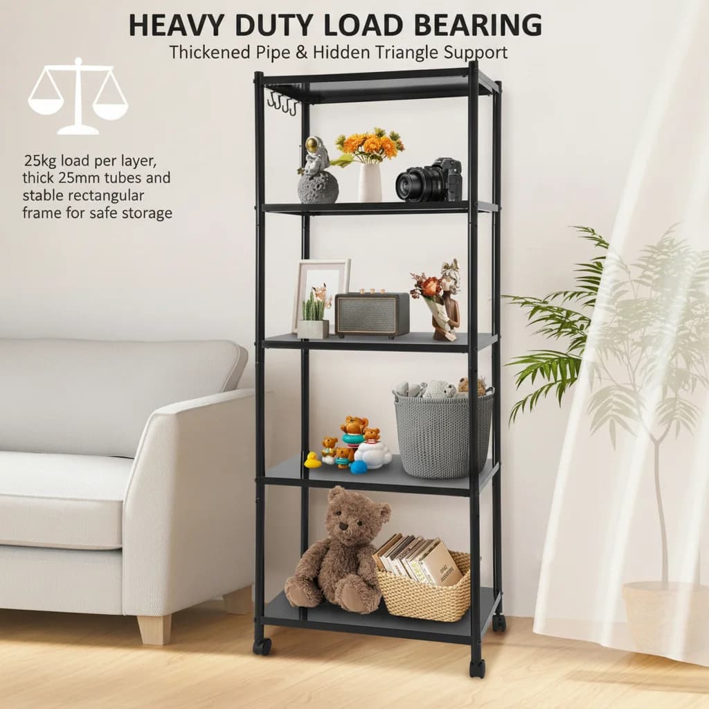 5-Tier Black Carbon Steel Storage Rack with Adjustable Shelves, 4 Rolling Brake Wheels & Side Hooks, Heavy Duty Organizer for Kitchen Garage Balcony Office