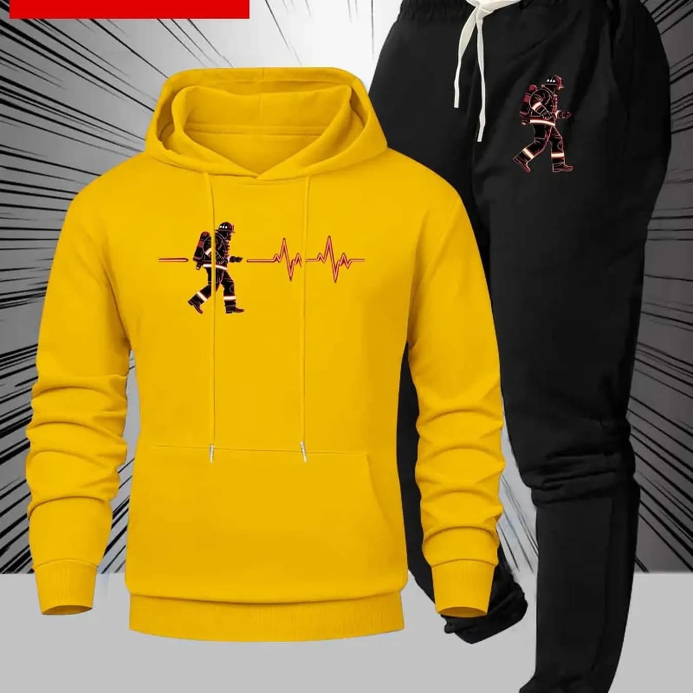 Men Firefighter Heartbeat Print Hoodie Jogger 2‑Piece Set,Comfortable Casual Sportswear for Autumn‑Winter Men Daily Outdoor Wear