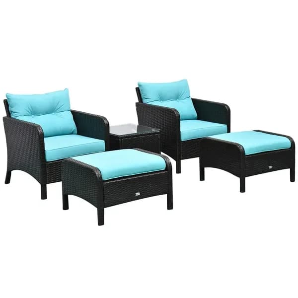 Set da conversazione da esterno in vimini e rattan da 5 pezzi con sedie imbottite e pouf