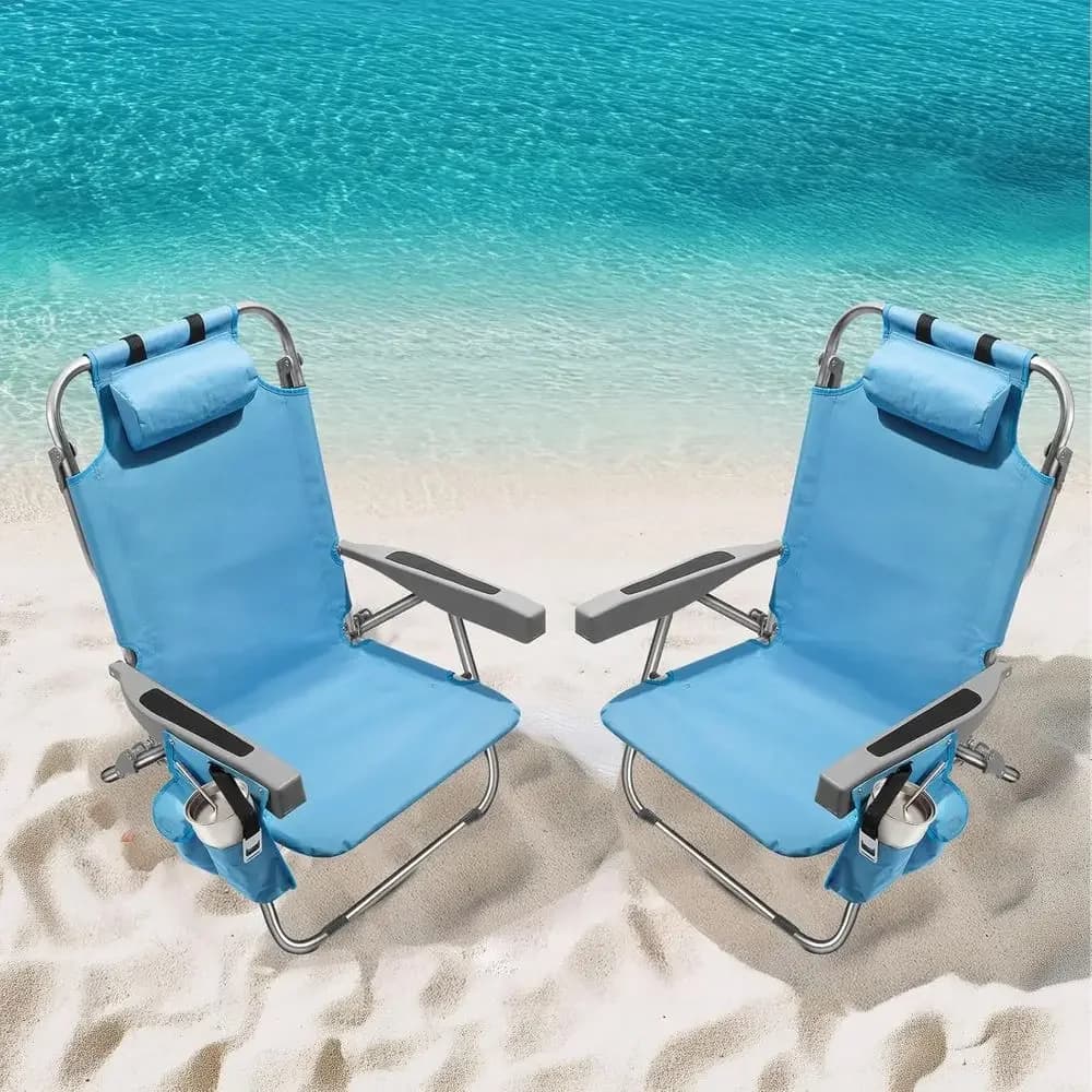 Portable 2-Person Beach Chairs with 5 Recline Positions, Cup Holder, Cooler Pouch, and Towel Bar, Blue