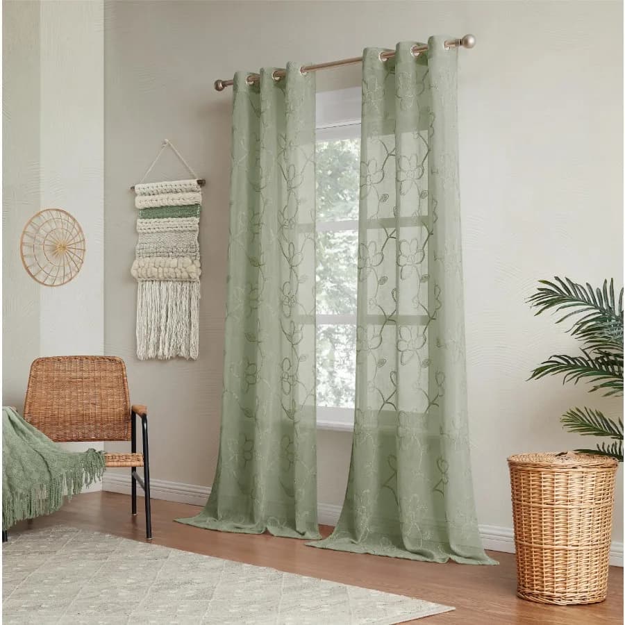 Rita 3D Floral Chenille Embroidered Solid Sheer Linen Look 76" x 84" Window Curtain Panel Pair in Olive Green