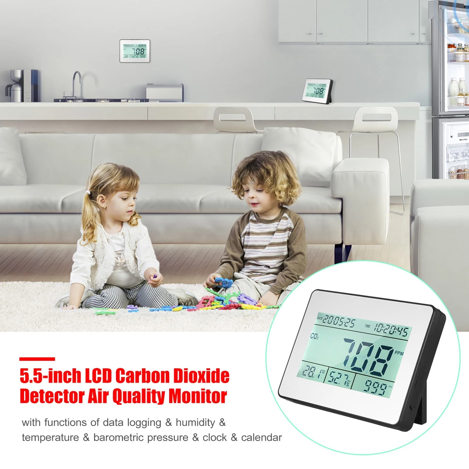 Anidride Carbonica Detector, Air Quality Monitor with Data and Clock Recording Function, 5.5 Inch LCD Display, Wall Mounted, CO2