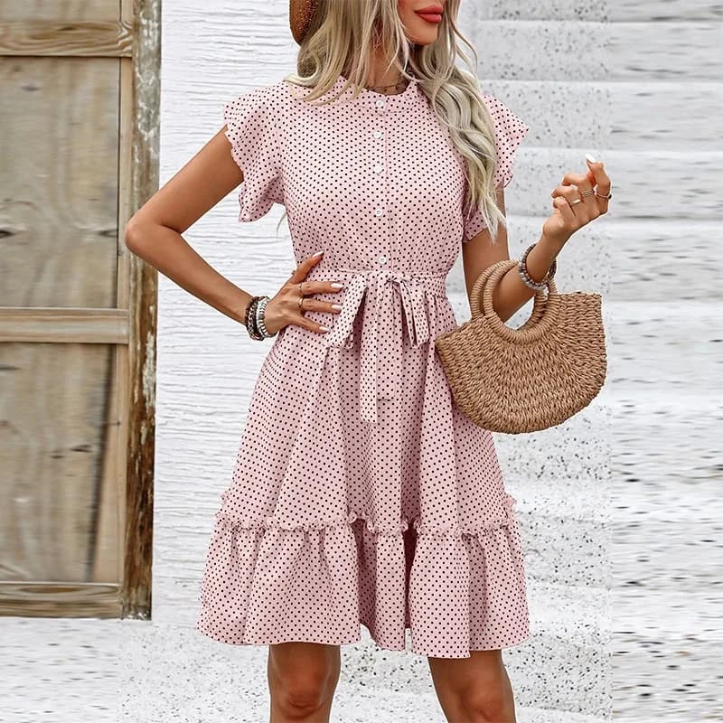 Abito Estivo a Pois con Collo Rotondo, Maniche Corte con Bottoni e Volant, Linea ad A, Vita Alta con Cintura, Stile Resort per Donna