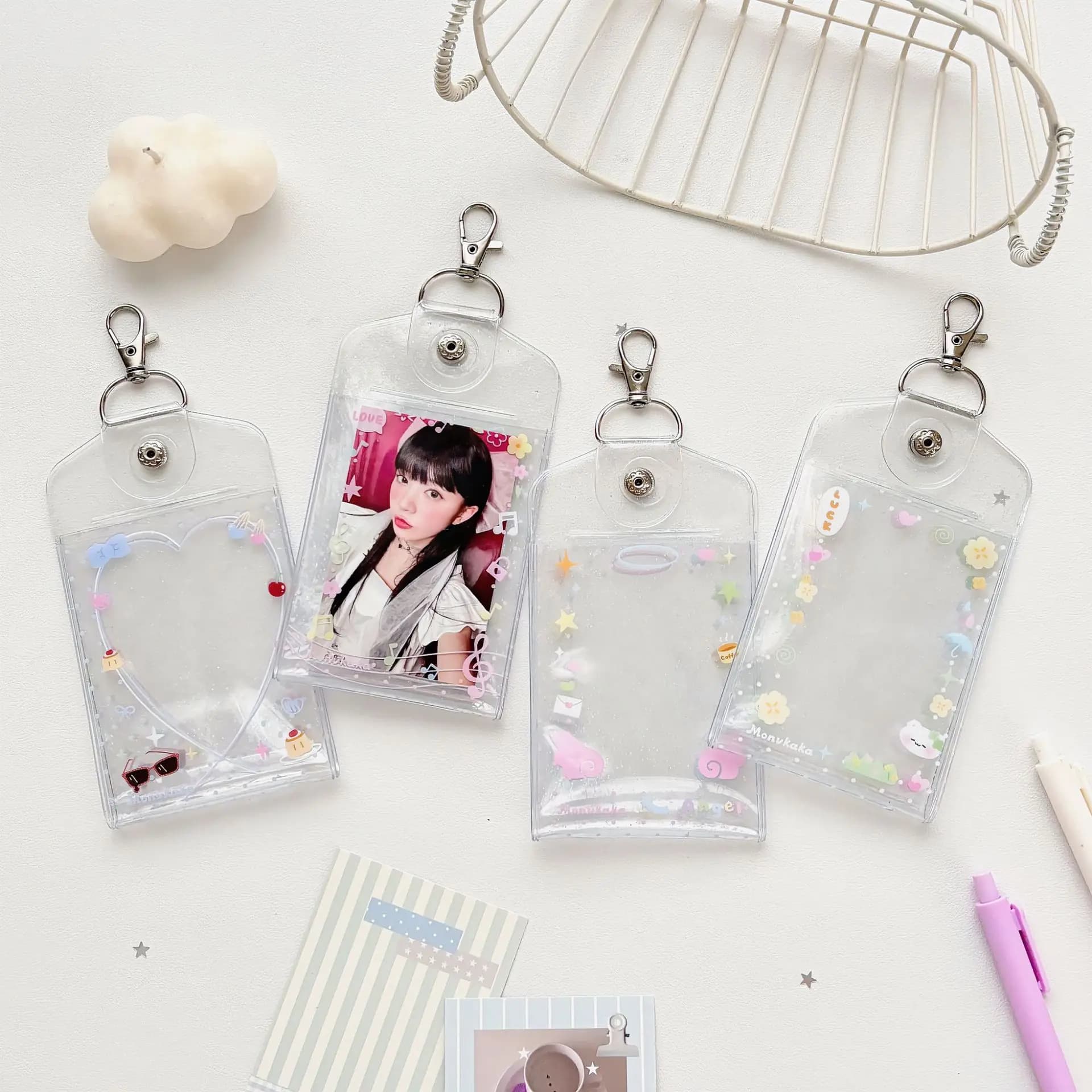 Portacarte a doppio lato con motivo a pois e angelo, porta carte multiplo, custodia per fotocard Kpop, portacarte da 3 pollici con ciondolo