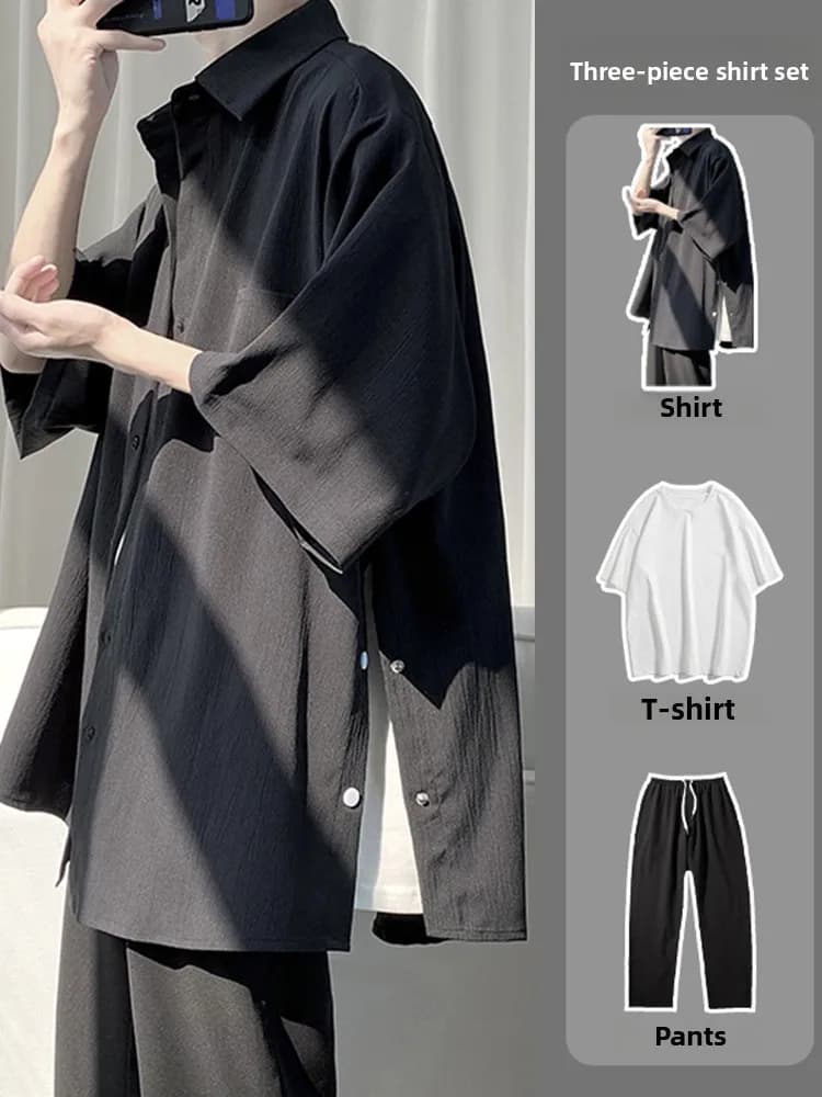Camicia estiva da uomo casual a maniche a cinque quarti con bottoni, set tre pezzi, trendy e cool, abbigliamento per adolescenti