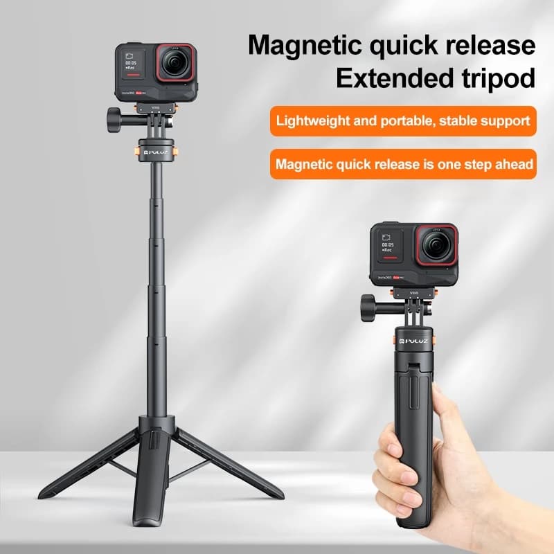 PULUZ Mini treppiede magnetico per selfie stick a sgancio rapido per GoPro HERO13 12 11 10 9 Nero/Insta360 X4 X3 / DJI Osmo Action 5 Pro