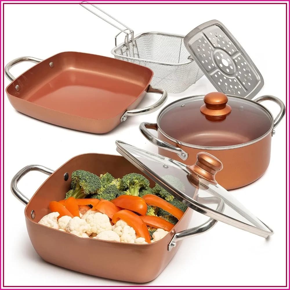 7-Piece Nonstick Copper Cookware Set: Deep Frying Pan, Square Pot, Round Pot, Fry Basket, Oven & Dishwasher Safe, Induction Compatible