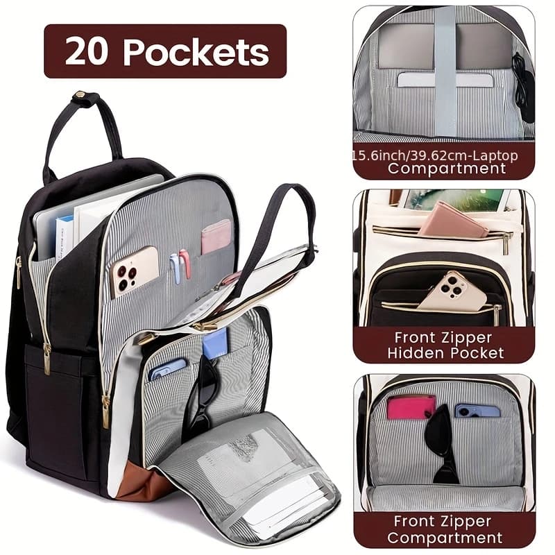 Women Two Tone Laptop Backpack, Water Resistant Cute Business Travel Bag with Gold Zippers Fits 15.6 Inch Notebook