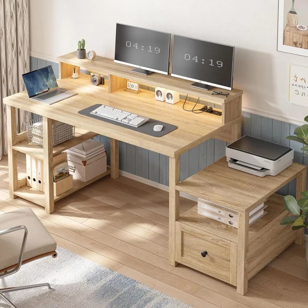 Scrivania da Gaming e Ufficio in Rovere Naturale 60.4 con Cassetto, Presa di Corrente, Luce LED e Supporto per Monitor