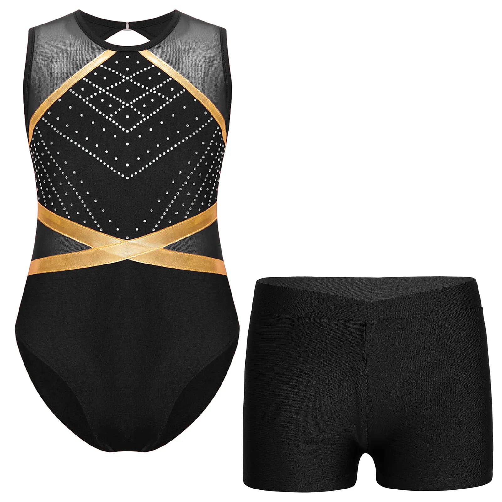Body per danza classica per bambina, ginnastica, pattinaggio di figura, acrobazie, yoga, set sportivo, senza maniche, con strass, con pantaloncini