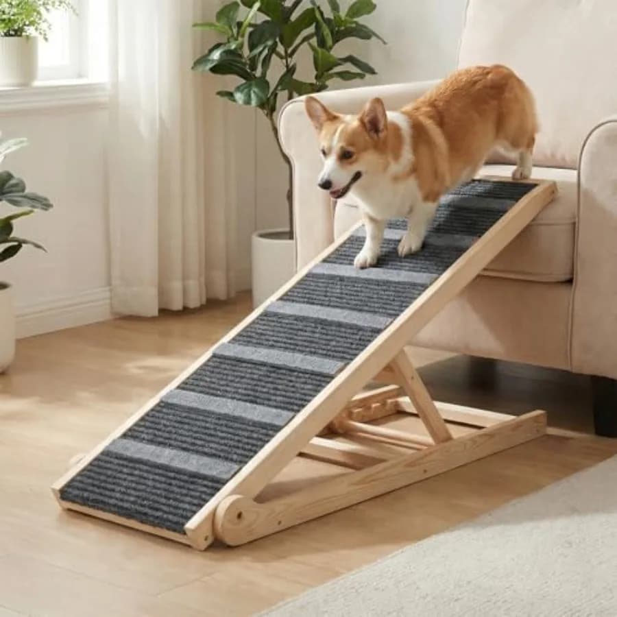 Rampa per Cani per Letto e Divano, in Legno, Colore Naturale, Lunga 47,24 Pollici con 4 Altezze Regolabili 13,7-24,6, Pieghevole Antiscivolo, Supporto