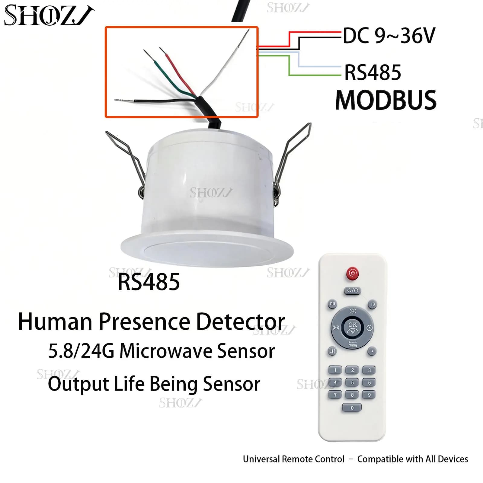 Sensore di presenza/movimento RS485 MODBUS 5.8/24G, rilevatore di presenza umana, sensore a microonde, rilevatore di vita, controllo casa intelligente, DC9~36V
