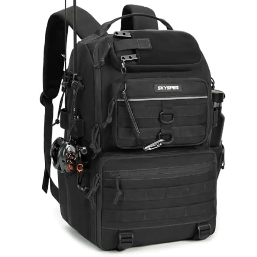 Zaino da Pesca con Porta Canna 40L, Borsa Impermeabile per Attrezzatura da Pesca e Esche