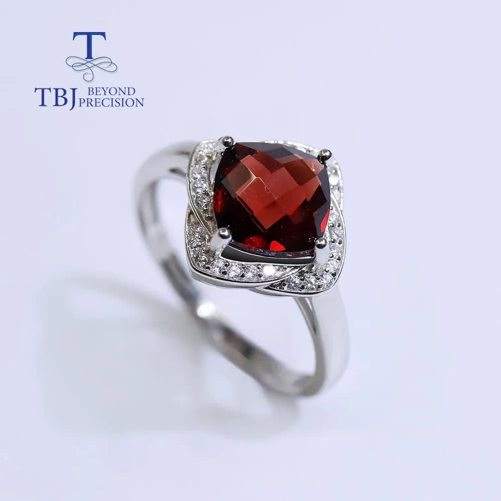 100% natural garnet ring, 8 mm pillow cut, 925 sterling silver, refined jewelry for woman, wife, nice gift