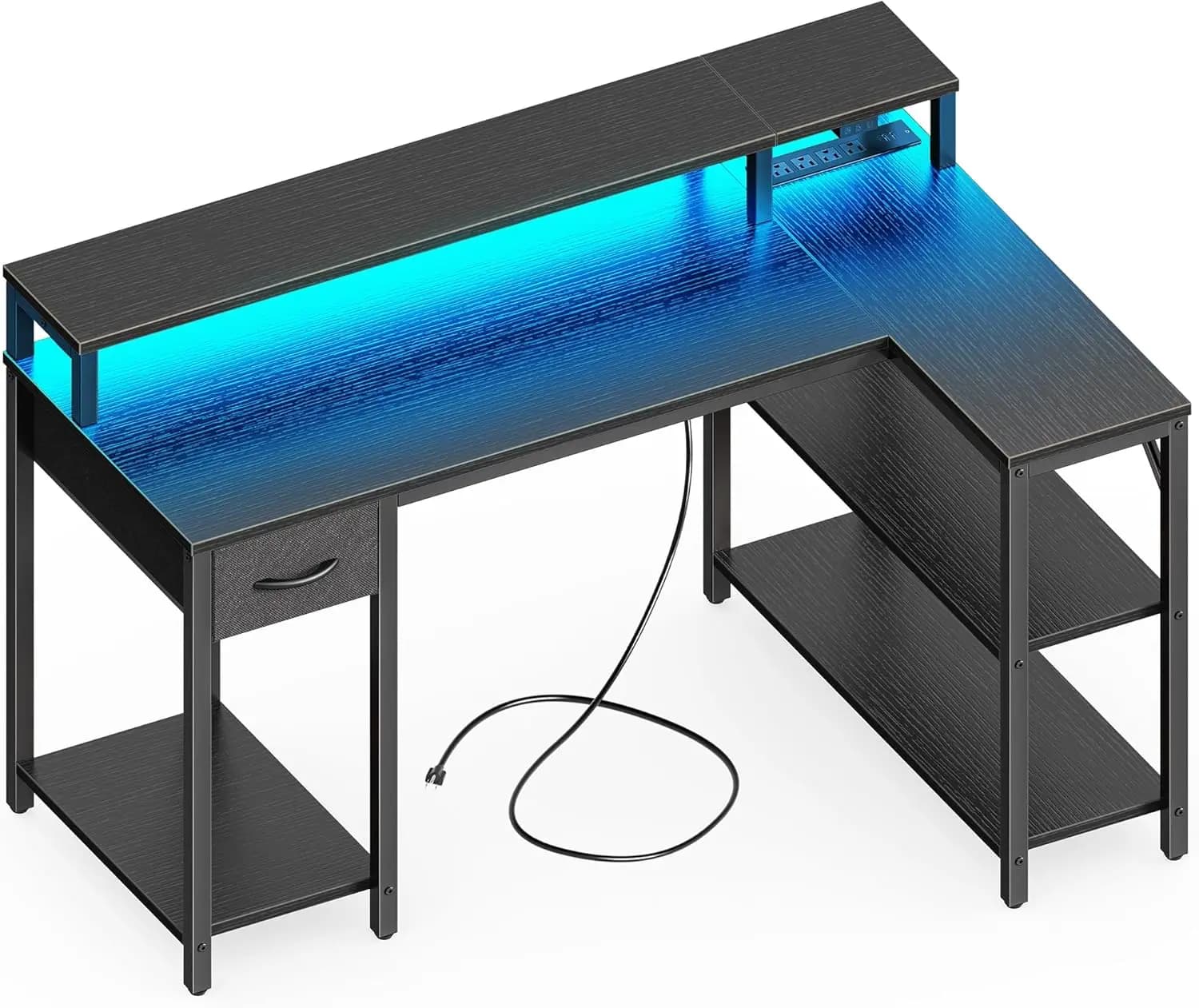 47 inch L Shaped Gaming Desk with LED Lights & Power Outlets, Reversible Computer Desk with Shelves & Monitor Stand, Corner Desk