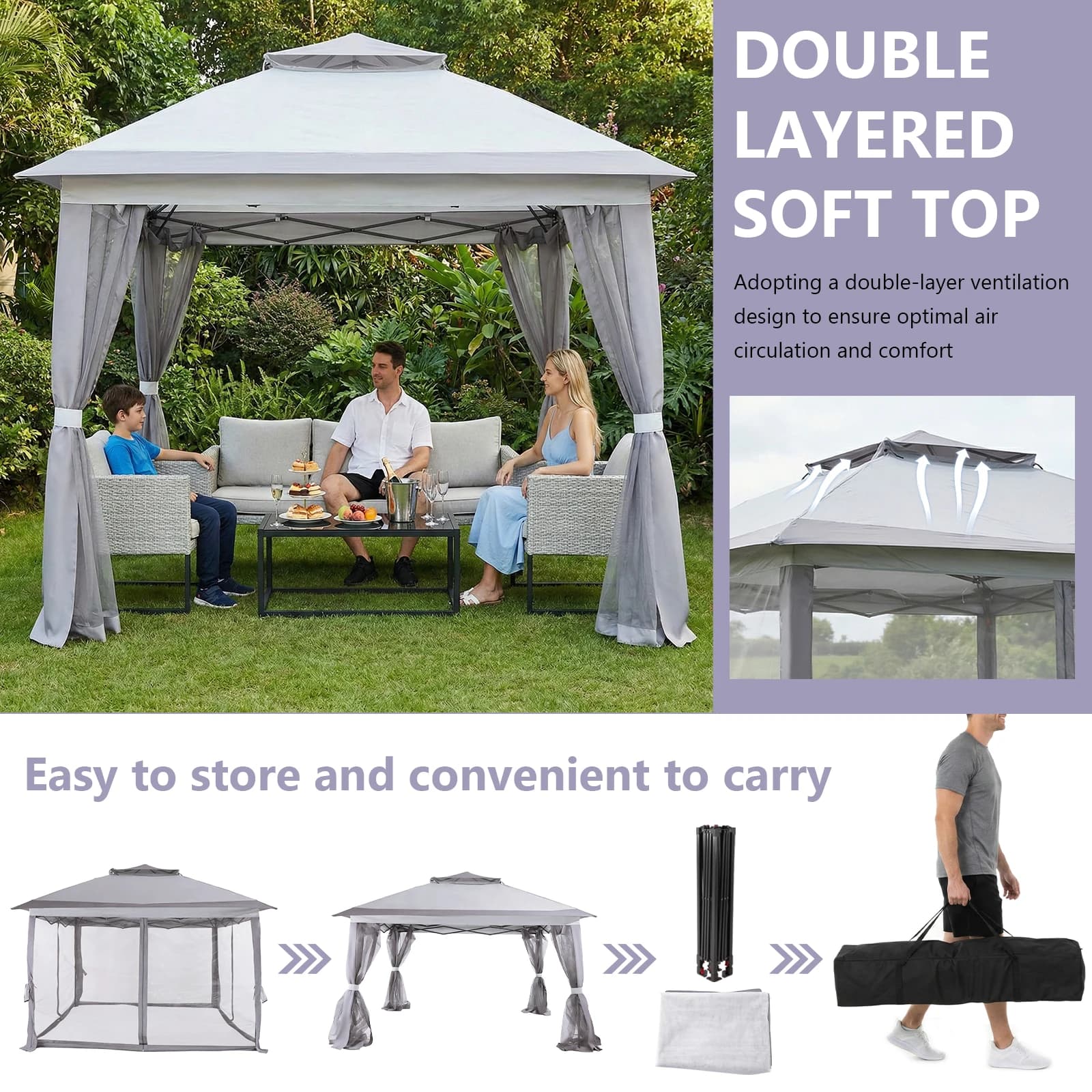 Tenda Pop-Up 3x3m con Telaio in Metallo, Picchetti e Zanzariere, Grande Tenda Ombreggiante per Campeggio/Prato/Giardino