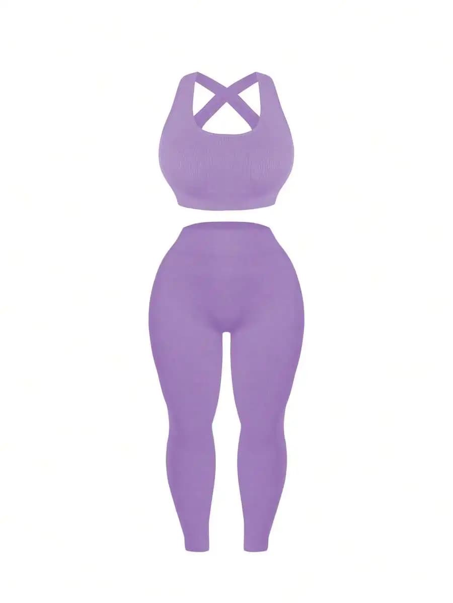 Completo Sportivo Elasticizzato con Spalline Incrociate Viola Tinta Unita Taglie Forti