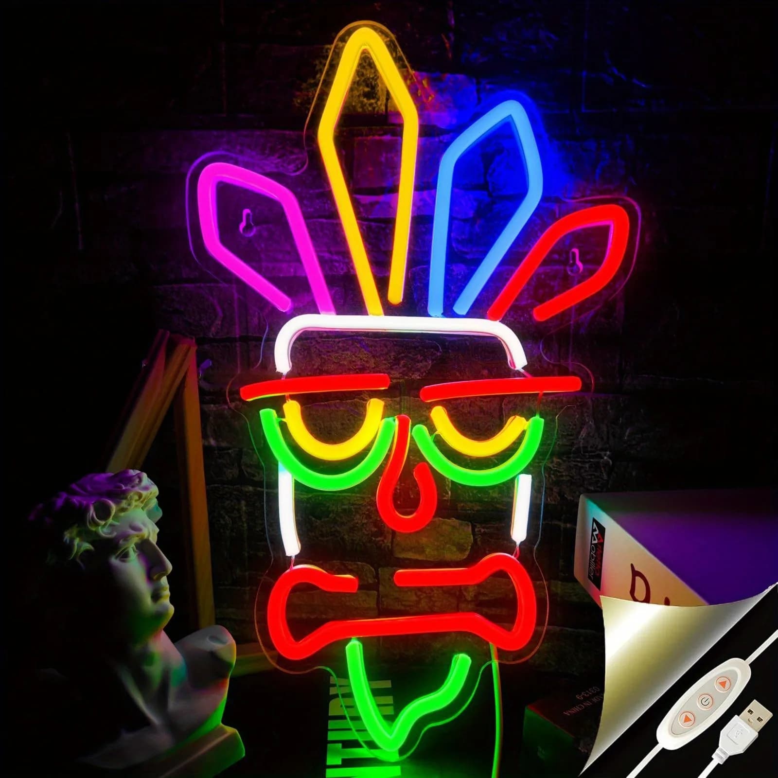 Vibrante maschera Tiki insegna al neon alimentata tramite USB decorazione da parete luce per sala giochi bar club uomo grotta camera da letto decorazione scena festa