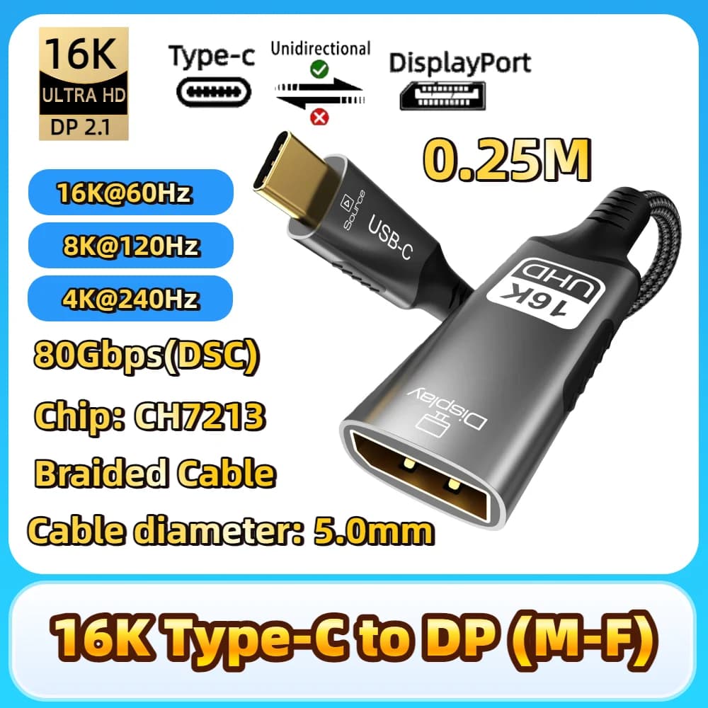 Cavo di prolunga USB-C a DisplayPort 16K@60Hz, supporta video e dati 8K@60Hz e 4K@120Hz per laptop, TV HD e PS4/5