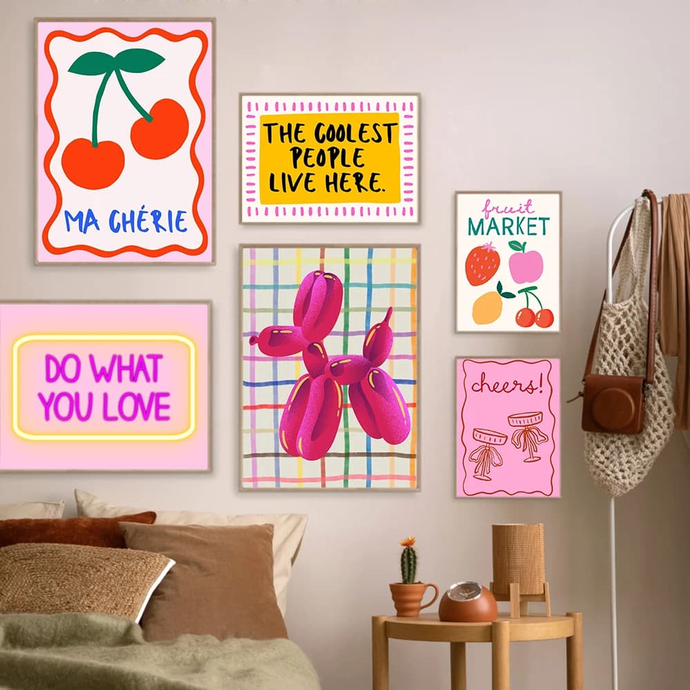Preppy Wall Art Pink Balloon Dog Orange Quotes Teen Girl Room Posters and Prints Dopamine Decor Quirky Dorm Y2k Cool Pictures